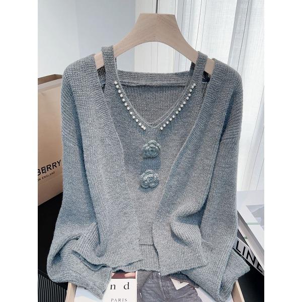 

Sweet Nail Bead Sweater Women s Autumn New Style Inner Strap Knitted Cardigan Two Piece Set 3XL сірий колір