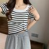 Summer New All-match Striped Square Collar Slim-fit Sweater Short-sleeved Women's Top Fashion Casual T-shirt