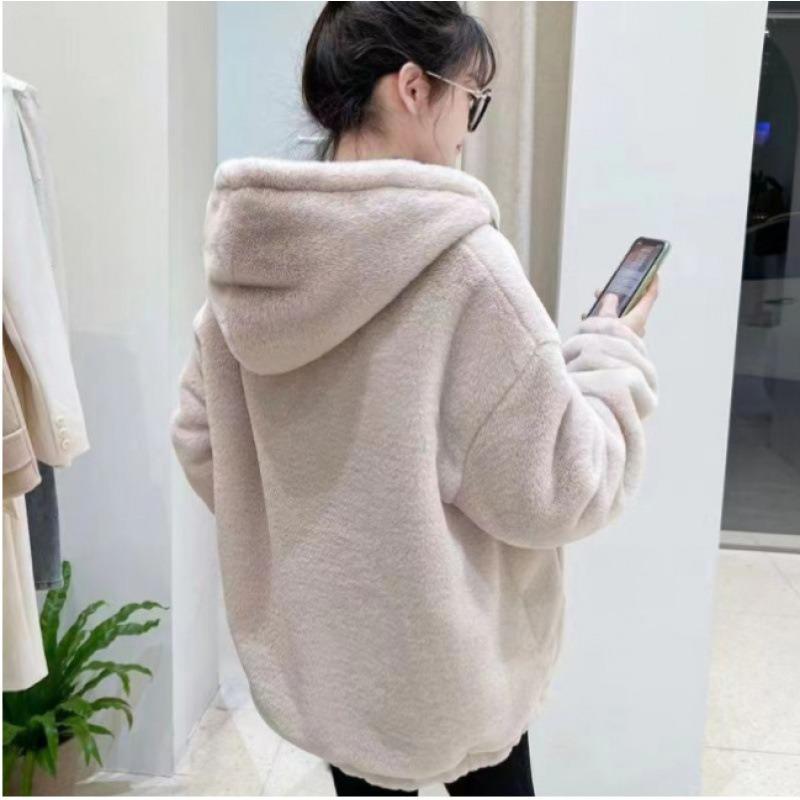 Autumn and winter new imitation leather hooded lamb furry coat women's loose imitation Rex rabbit hair stand-up collar light
