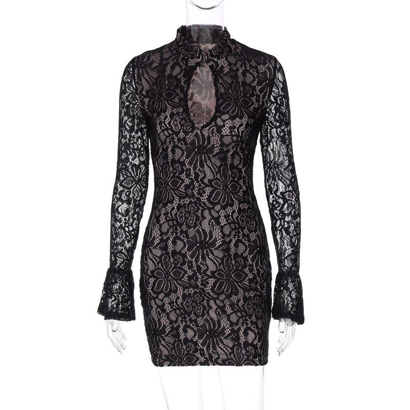 European and American Style Women's Clothing 2026 New Sexy Lace Hollow-Out Bodycon Dress Short Sexy Dress Black