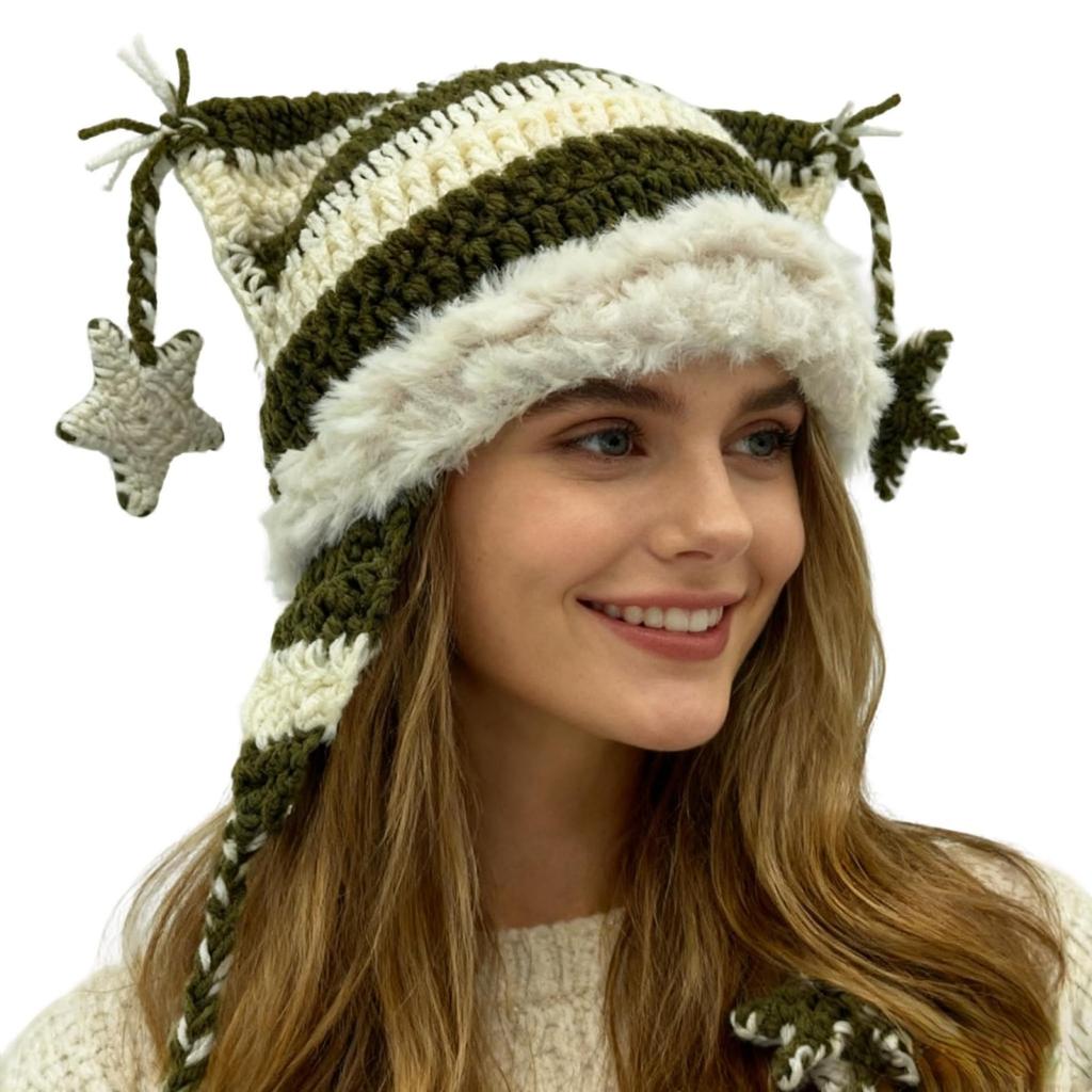 Women's Hand-Knitted Star Striped -Ear Braid Hat With Ear Protectioned, Fashionable And Versatile Cap