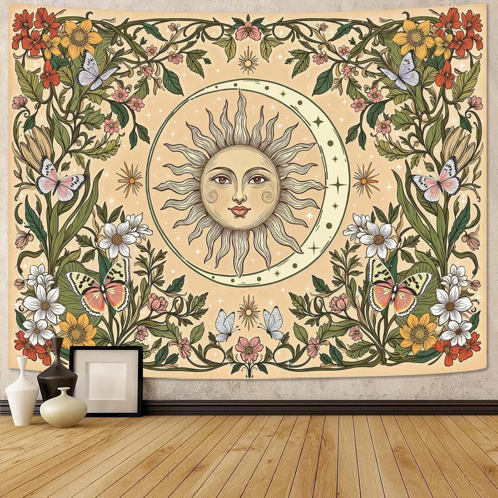VIKAMA Boho Tapestry Featuring Sunflower and Astrological Wheel Wall Decor for Bedroom Dorm and Living Room with Bohemian Mystic
