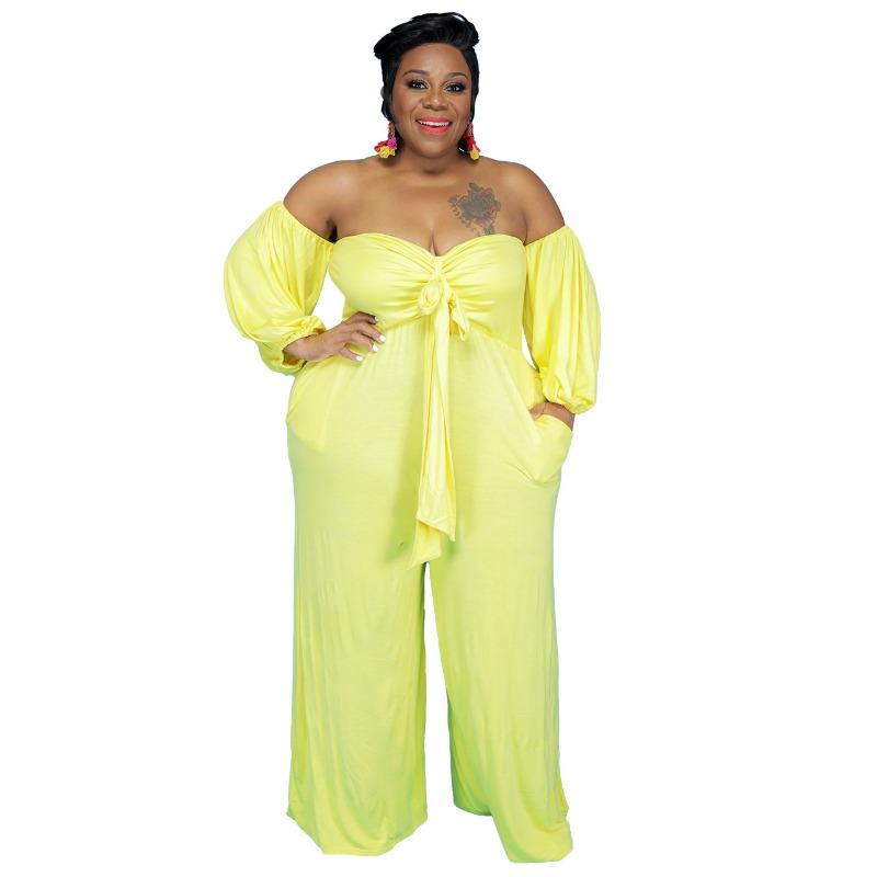 

Plus Size Off Shoulder Tie Front Wide Leg Jumpsuit L жёлтый