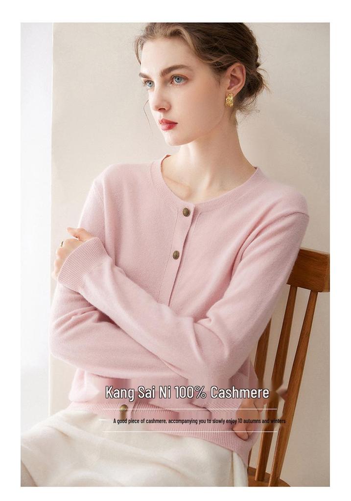 Versatile Autumn/Winter Pure Cashmere Knit Sweater - Warm, Slimming, Round Neck, Long Sleeve