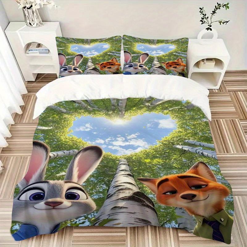 3pcs Zootopia Love Judy and Nick Quilt Cover Set (1 Quilt Cover + 2 Pillowcases Without Pillow Core), High-Definition Printing for Home and Dormi
