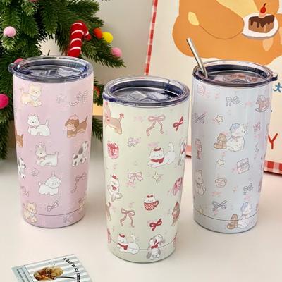 500ML Fofo Cachorrinho Aço Inoxidável 304 Garrafa Térmica Café Gelado Suco Copo Com Canudo Grande Capacidade Tumbler Caneca Térmica Utensílios de Bebida Garrafa