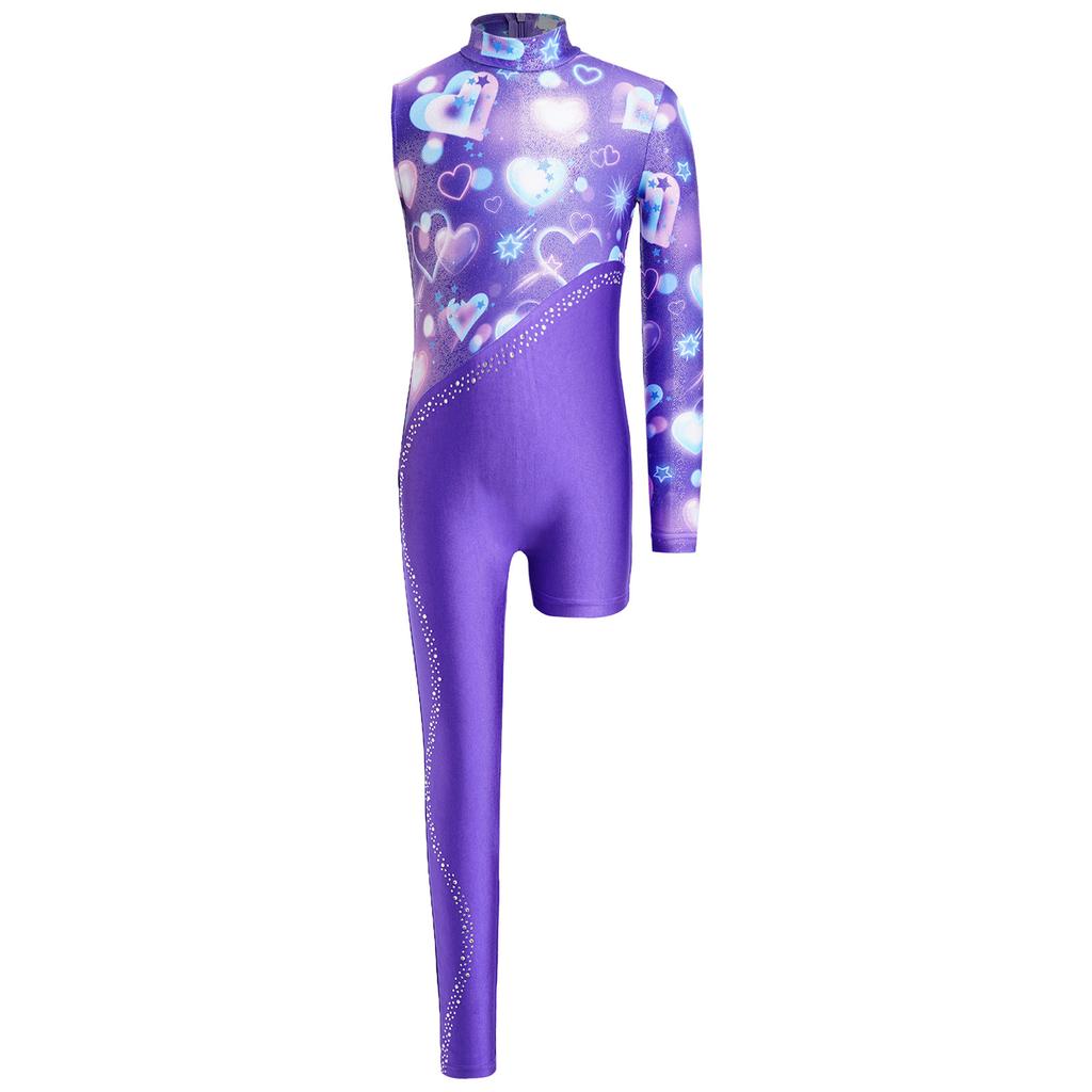 Girls Gymnastics Leotard Sparkly Rhinestone Invisible Zipper Printed Full Length Skating Jumpsuit