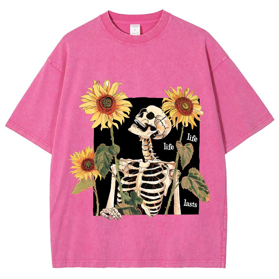 Women's T-Shirt for Summer Y2K Women's Clothing Sales Oversize Skull Sunflower Print Washed Loose Top Harajuku Style
