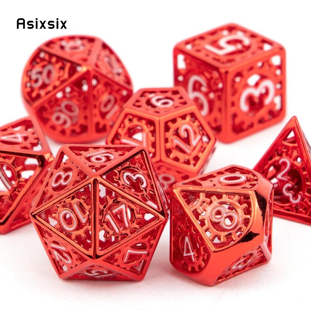 7 Pcs  Red White Gear Wheel Metal Dice Hollow Metal Polyhedral Dice Set Suitable for Role-Playing RPG  Board Game Card Game