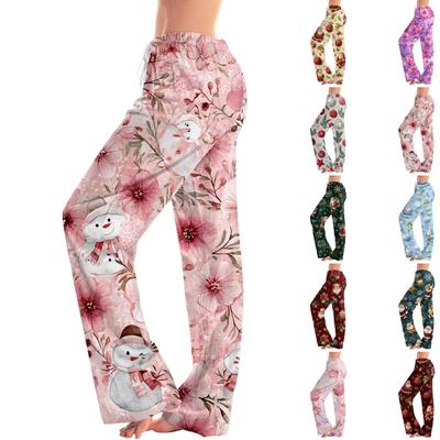 Calças Femininas Largas e Casuais com Estampa de Natal, Pernas Largas, Cintura Elástica com Cordão e Bolsos