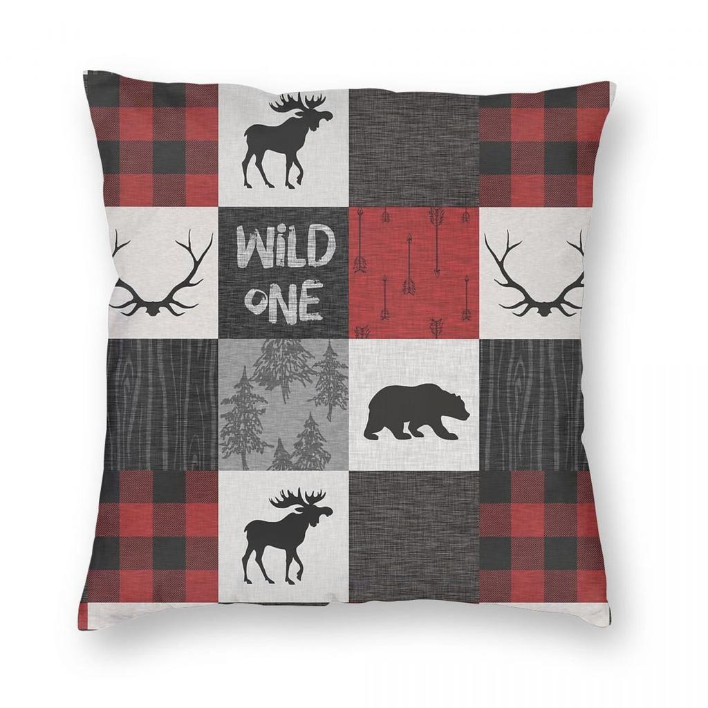 Wild One Woodland Patchwork Square Pillowcase Polyester Linen Velvet Printed Zip Decor Home Cushion Case