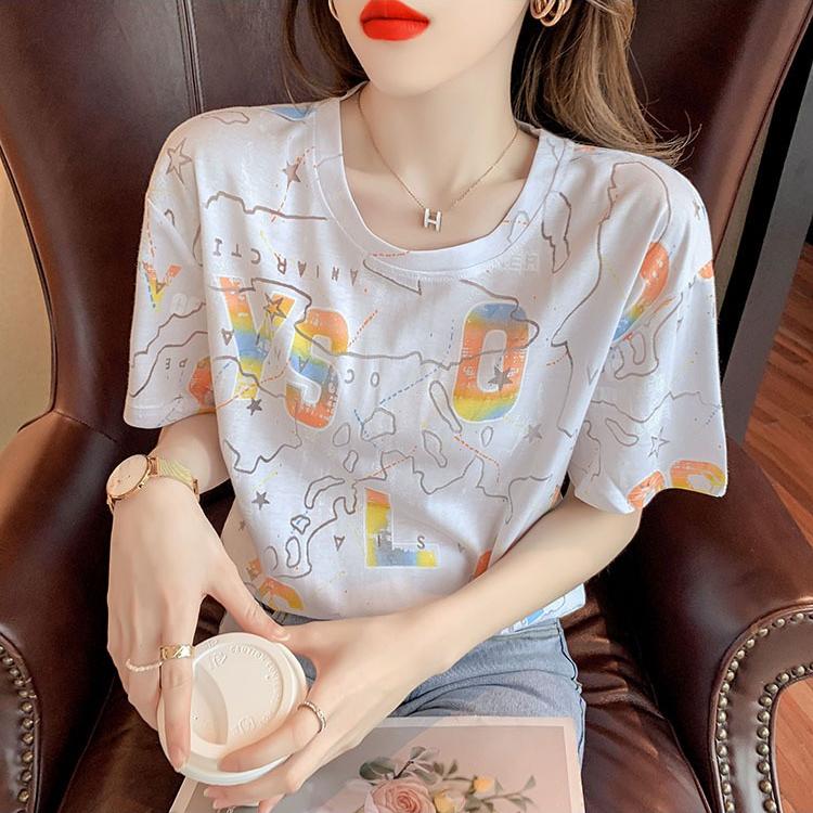 

2025 Летняя повседневная футболка для женщин Базовый цветочный принт Топы с коротким рукавом и круглым вырезом свободная футболка y2k Винтажный топ Harajuku Streetwear XXL