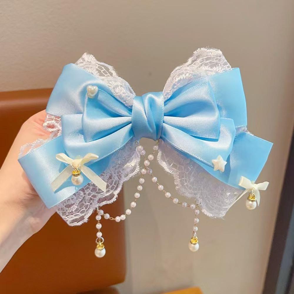 Pearl Lace Bow Hair Clip Lace Bow Lolita Hair Clip Hair Accessories Princess Headwear синий