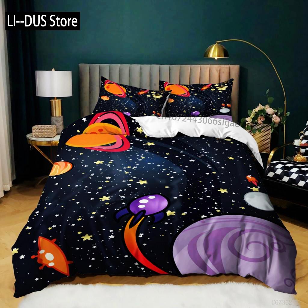 Bettbezug mit Raumschiffen für Jungen und Kinder, Astronomie-Bettwäscheset aus Mikrofaser, Weltraum-Abenteuer, farbenfroher Raumschiff-Bettbezug für Kingsize-Bett