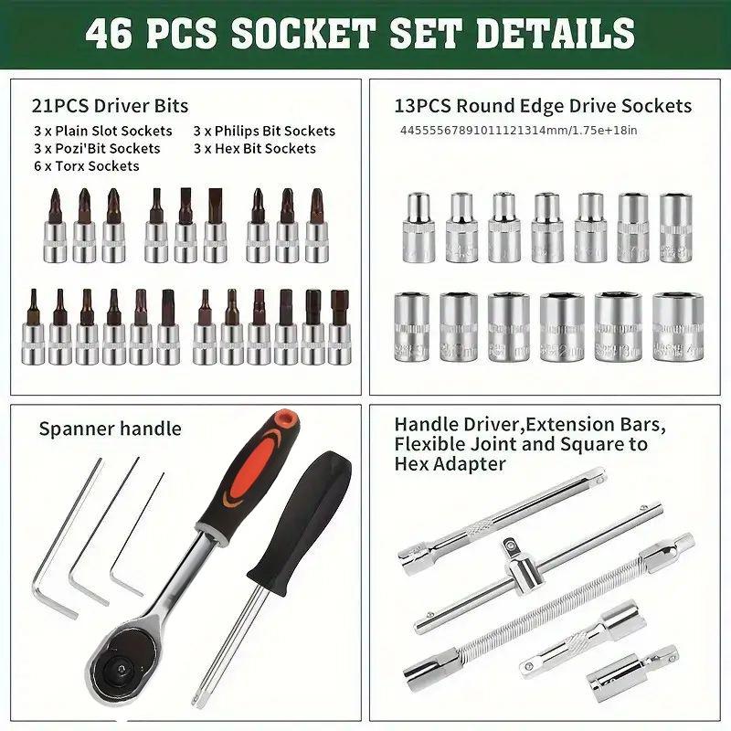 46-teiliges Werkzeugmaschinen-Steckschlüsselset, 1/2 Zoll, 1/4 Zoll, 3/8 Zoll Antrieb, universelles Ratschenschlüsselset mit 72-Zahn-Ratsche, geeignet für den Automobilbereich.