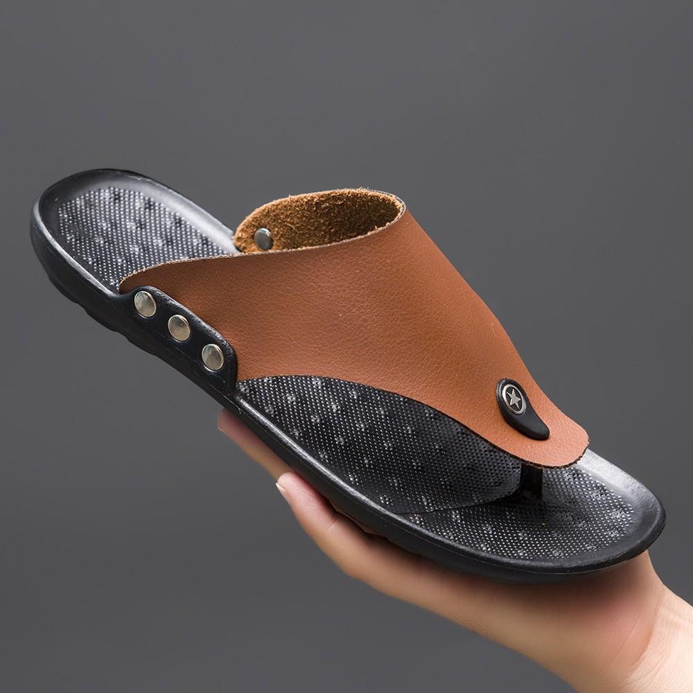 Men's Leather Thong Sandals with Rivet Details Comfort Casual Flip Flops