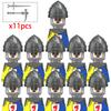 11 Silver Gray Knight Figures w Yel Edge Helm Swords Red Cross Shields White Cloaks No Baseplate