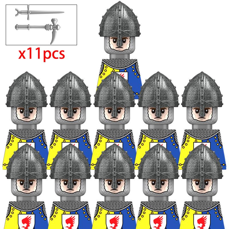 11 Silver Gray Knight Figures w Yel Edge Helm Swords Red Cross Shields White Cloaks No Baseplate