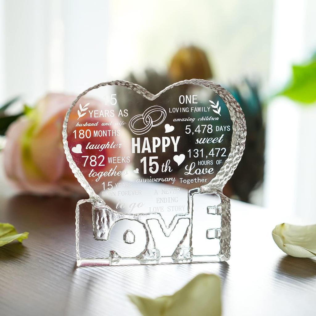 H&D HYALINE & DORA 15 Year 15th Wedding Anniversary Paperweight, Crystal Sculpture Keepsake Gifts, Personalized Crystal Engraved Heart Marriage
