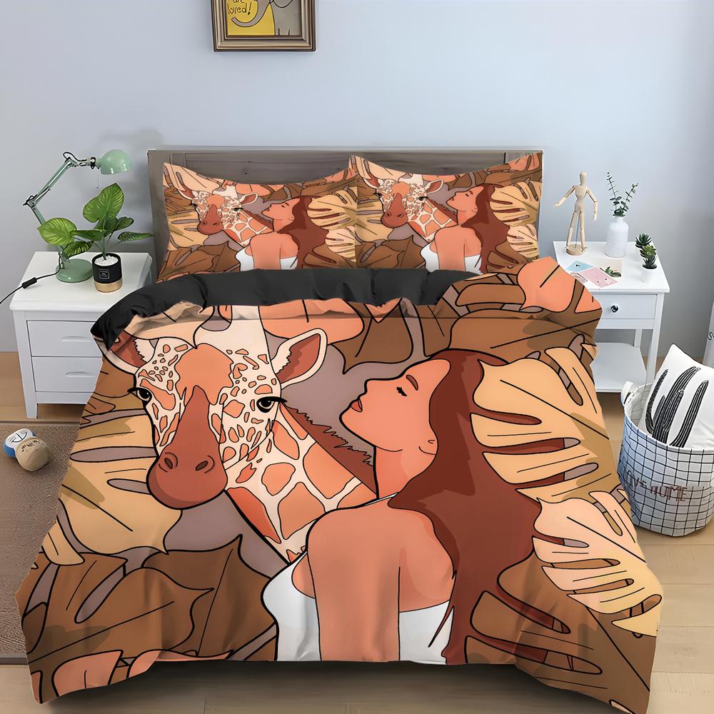 Cartoon Giraffe King Queen Duvet Cover Kids Girls Boys Animal Bedding Set Wildlife Quilt Cover 2/3pcs Polyester Comforter Cover