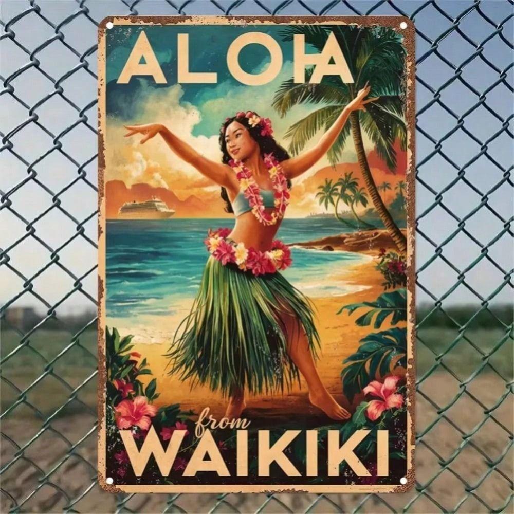 Vintage Hawaiian Waikiki Metal Sign, Retro Aluminum Tin Poster for Bar Wall Decor
