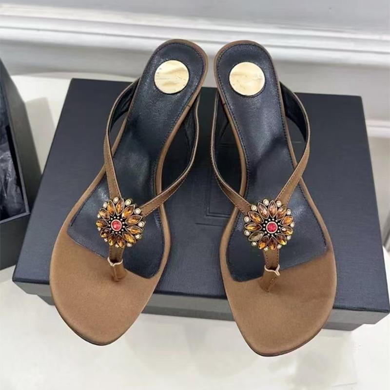 Fashion Luxury Rhinestones Flowers Decor Filp Flops Women Slippers Sandals Summer Sexy Thin High heels Satin Mules Slides Party Shoes