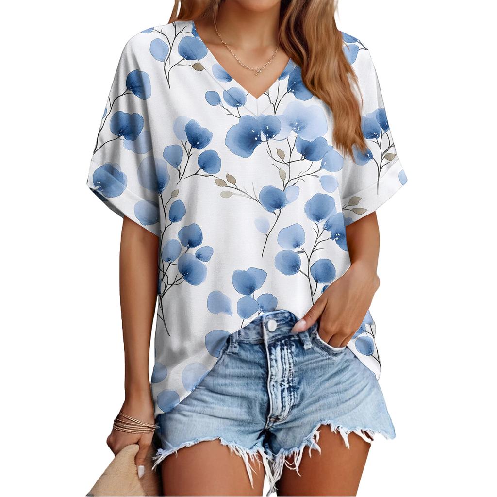 Women's Fashionable Casual Everyday Versatile Floral Print Slim-Fit Summer Short-Sleeve Top