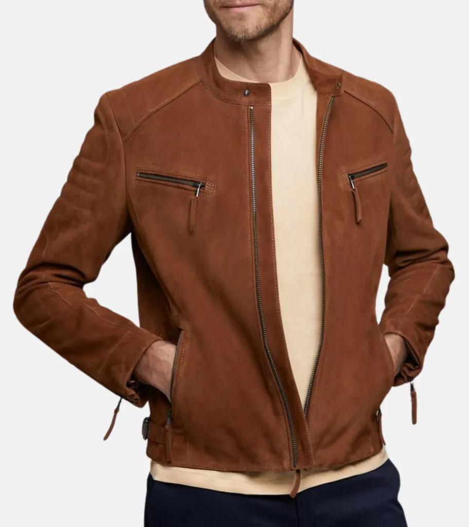 AL KHALID Men's Brown Suede Jacket 100% Pure Stylish Slim Fit Jacket Biker