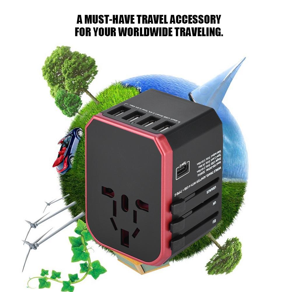 Universal Travel Adapter Plug 4 USB Ports Type C Sockets Converter for (Red)