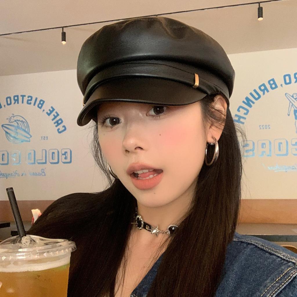 Japanese PU Leather Octagonal Hat Female British Retro Leather Beret Versatile Flat Top Newsboy Hat