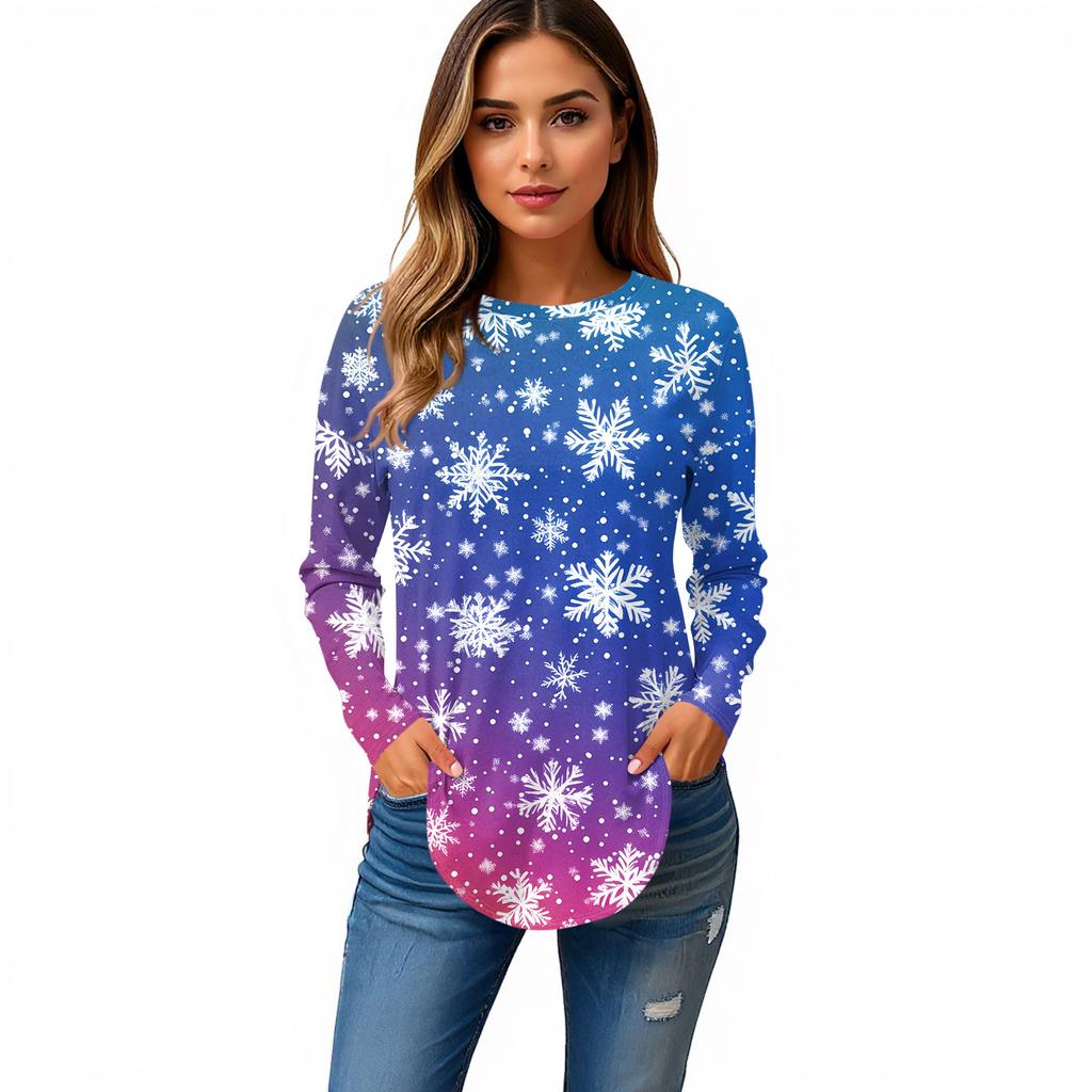 Damen T-Shirt mit Rundhalsausschnitt, Weihnachtsdruck, langärmelig