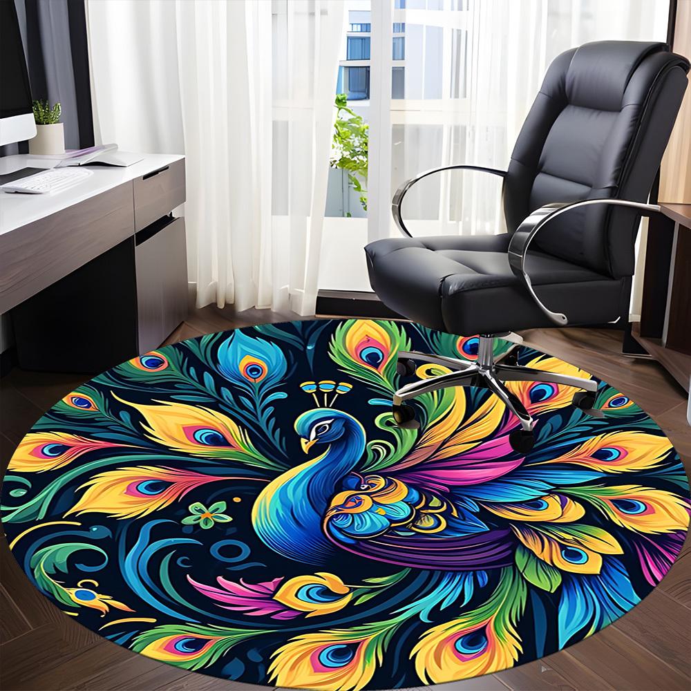 1pc Peacock Feathers Office Round Area Rug, Under Office Chairs Bedroom Living Room Home Decor, Room Deco