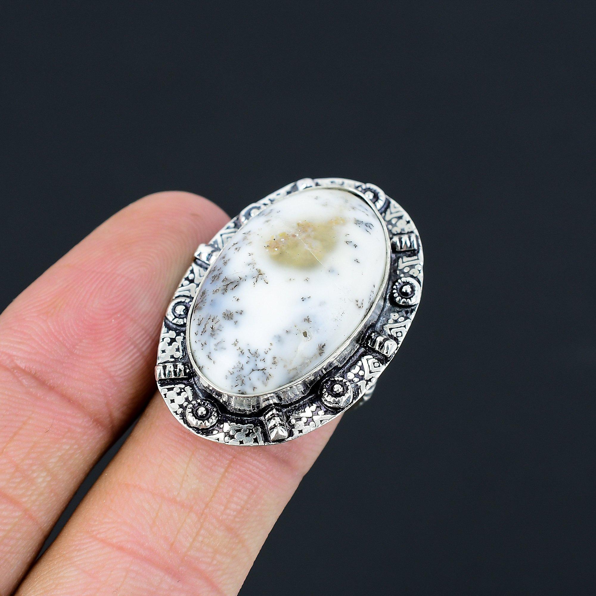 925 Sterling Silver Oval Dendrite Opal Stone Anniversary New Solitaire Ring US 7 7