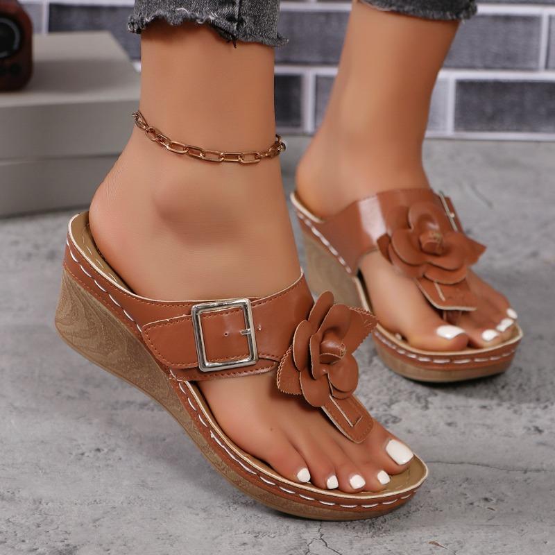 Fashion New Shoes for Women Flower Decor Wedges Slippers Casual Platform Flip Flops Sandals Buckle Strap Slide Slippers Slides Women