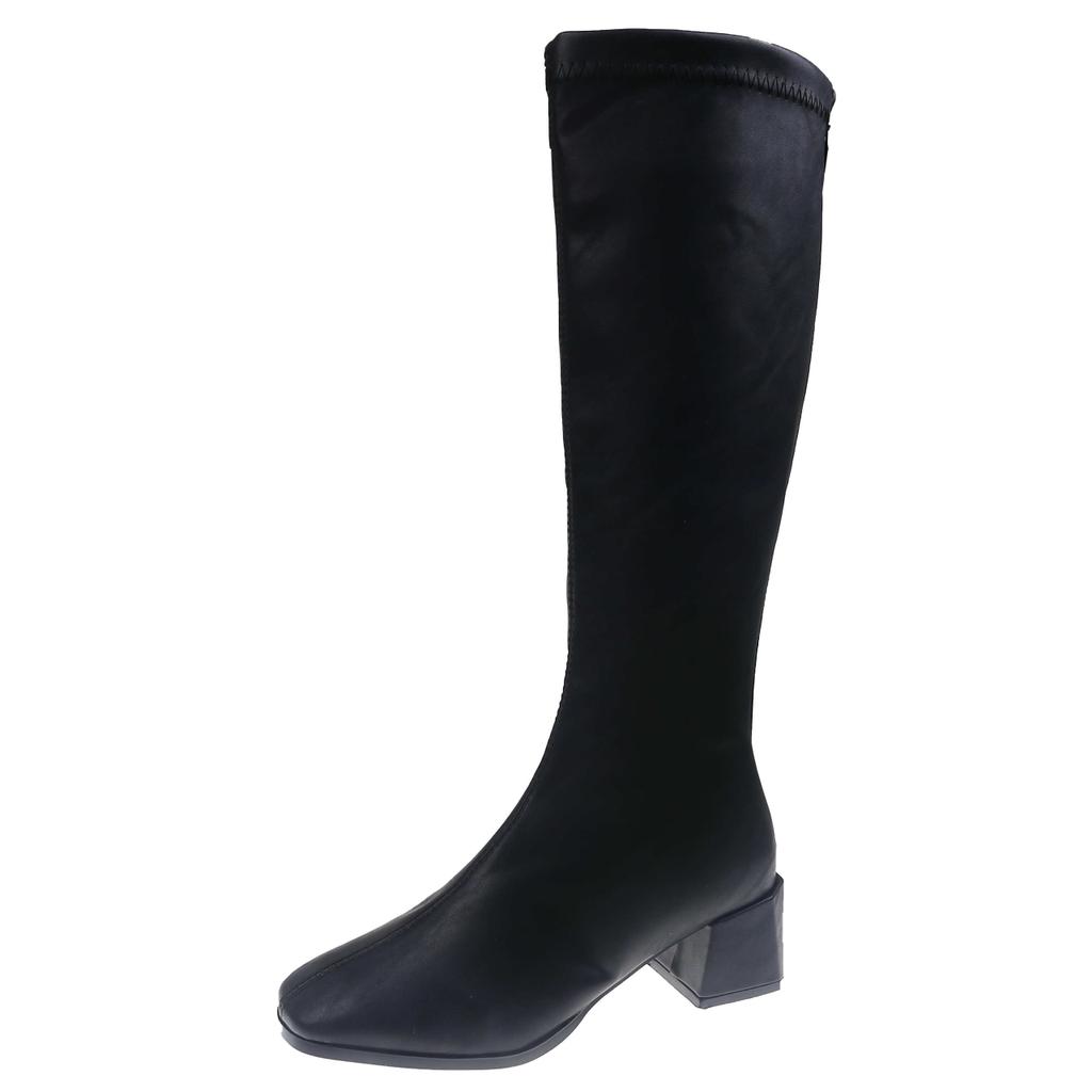 Long Tube Women's Knee-length Cotton Boots Autumn New All-match Square Toe Plus Fleece High Tube Block Heel Skinny Boots
