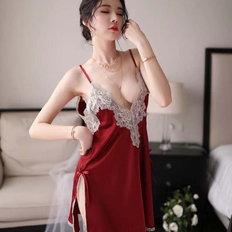 Fun underwear ice silk temptation sexy split-ended nightdress water-soluble flower hollow suspender pajama set