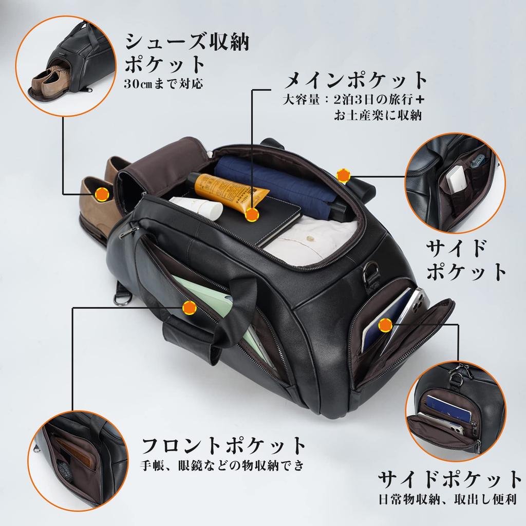 Miyabi Leder Boston Tasche mit Wasserdichtem Leder Duffel Groß Schuh Reise Fitnessstudio Golf Schwarz Herren 3-Wege Rucksack, Tasche, Kapazität, Stauraum, Handgepäck, Tasche,
