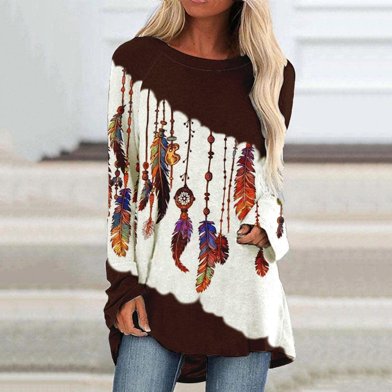 Women s Fashion Casual Long Sleeve Boho Retro Long Sleeve Print Top XXXL