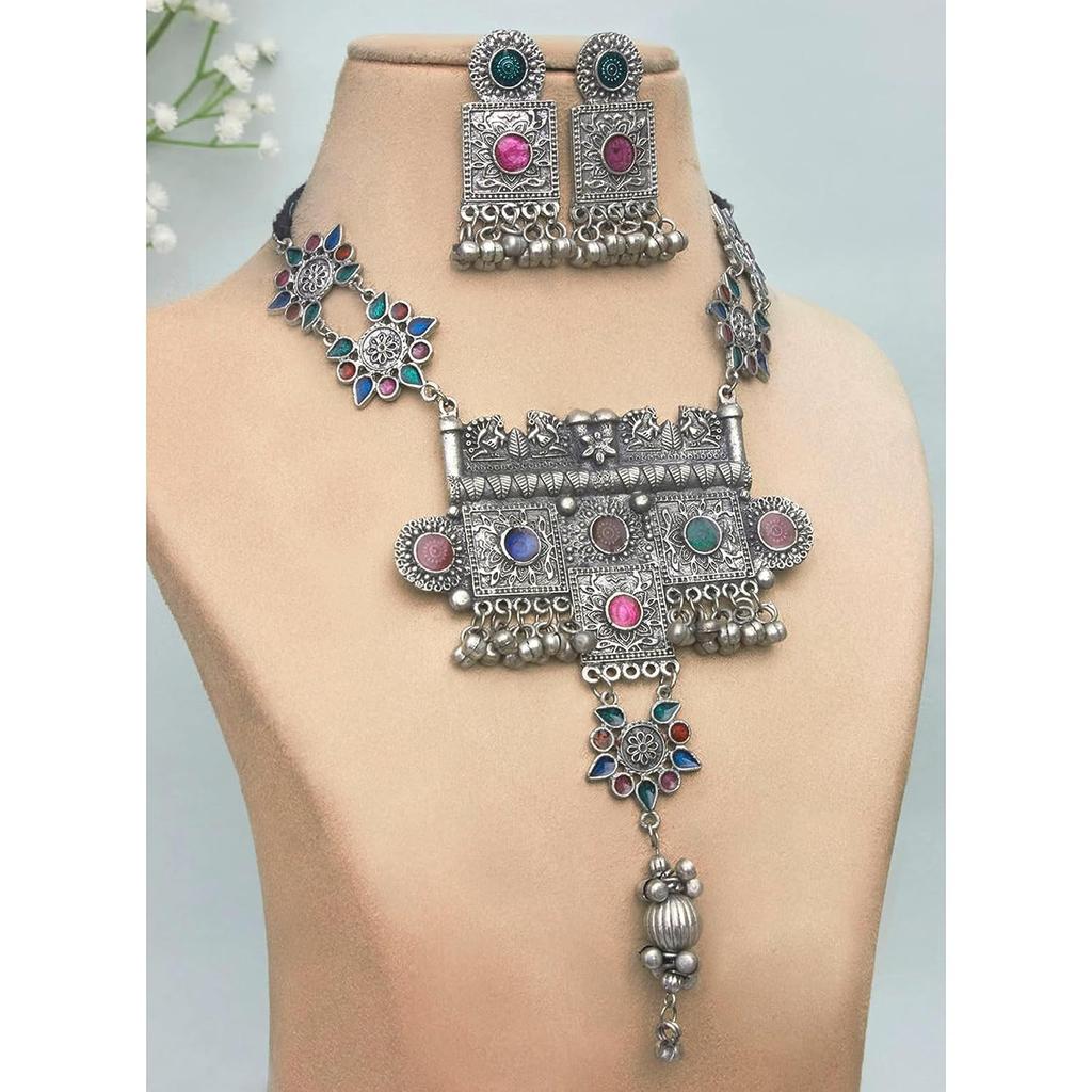 Indien Silber oxidierte Tribal Tibetisch Afghani Bohemian Choker Halskette mit Tropfen mit Emaille Minakari für Frauen und Mädchen