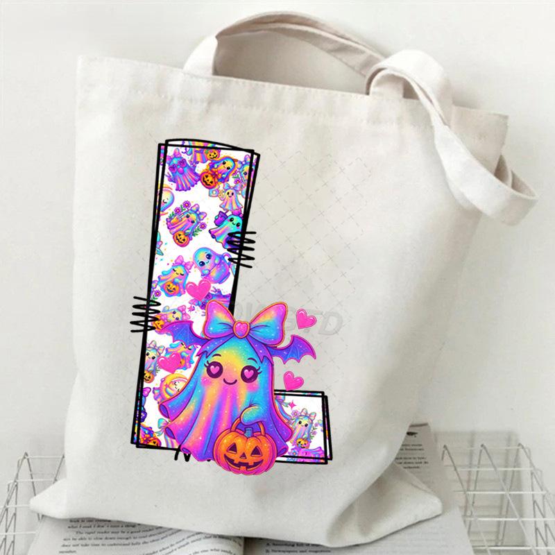 Halloween Alphabet Canvas Bag Going Out Portable Handbag Women's Large Capacity Casual Shoulder Crossbody Bag
