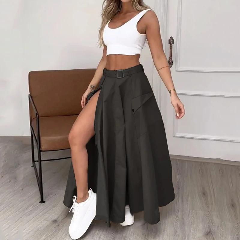 2 Piece Set Women Stylish Solid Round Neck Sleeveless High Waist Vest Slim Top Loose With Pockets Zipper Long Skirt Sets Spring Summer 2024 New