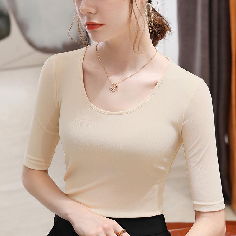 

Женская новая простая рубашка с круглым вырезом и короткими рукавами из сетки, облегающая талию, топ с рукавами пять четвертей 3XL