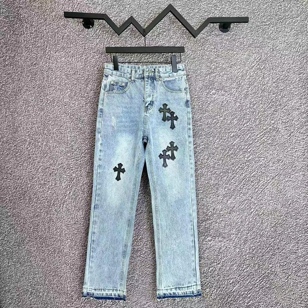 99150 CHROME HEARTS Pánské a dámské trendy džíny v americkém stylu s látkovými nášivkami, výšivkou, ležérní a módní high street kalhoty
