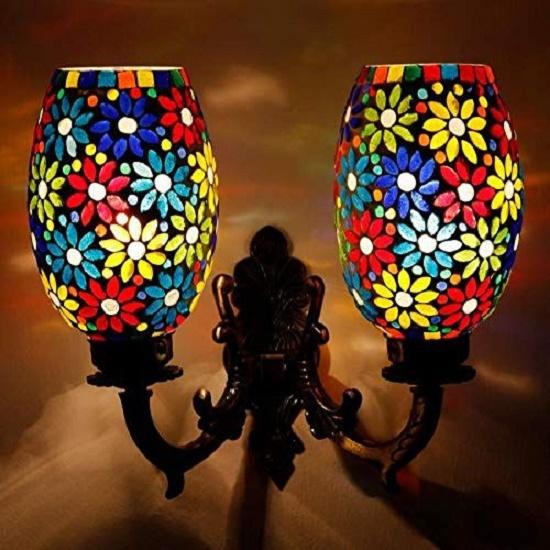 Handcrafted Double Dome Flower Design Glass Wall Lamp, Multicolour
