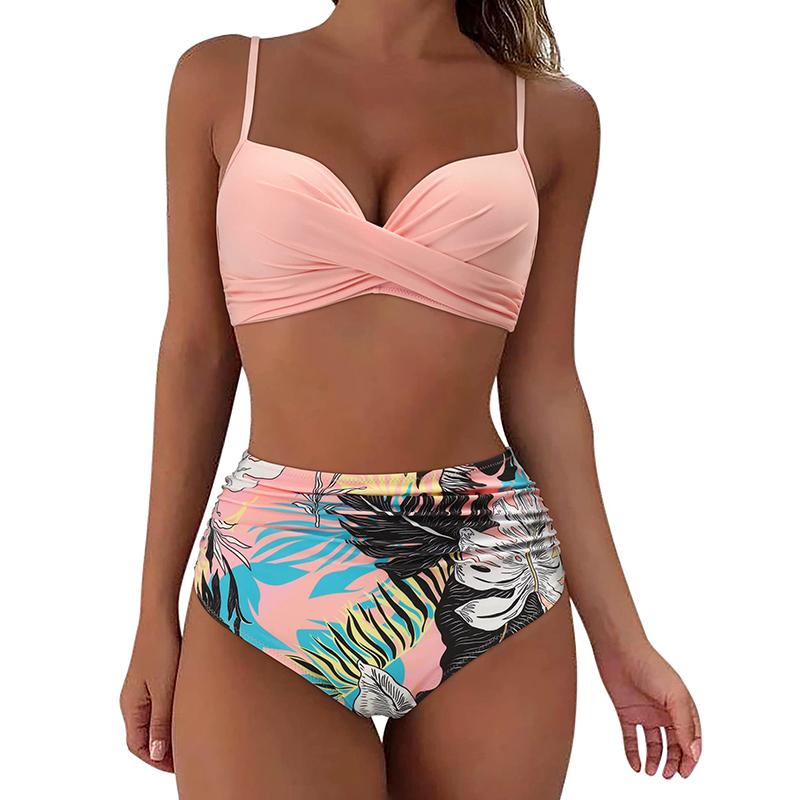 Women Summer Beach Holiday Sexy Knot High Waist Printed Triangle Bikini