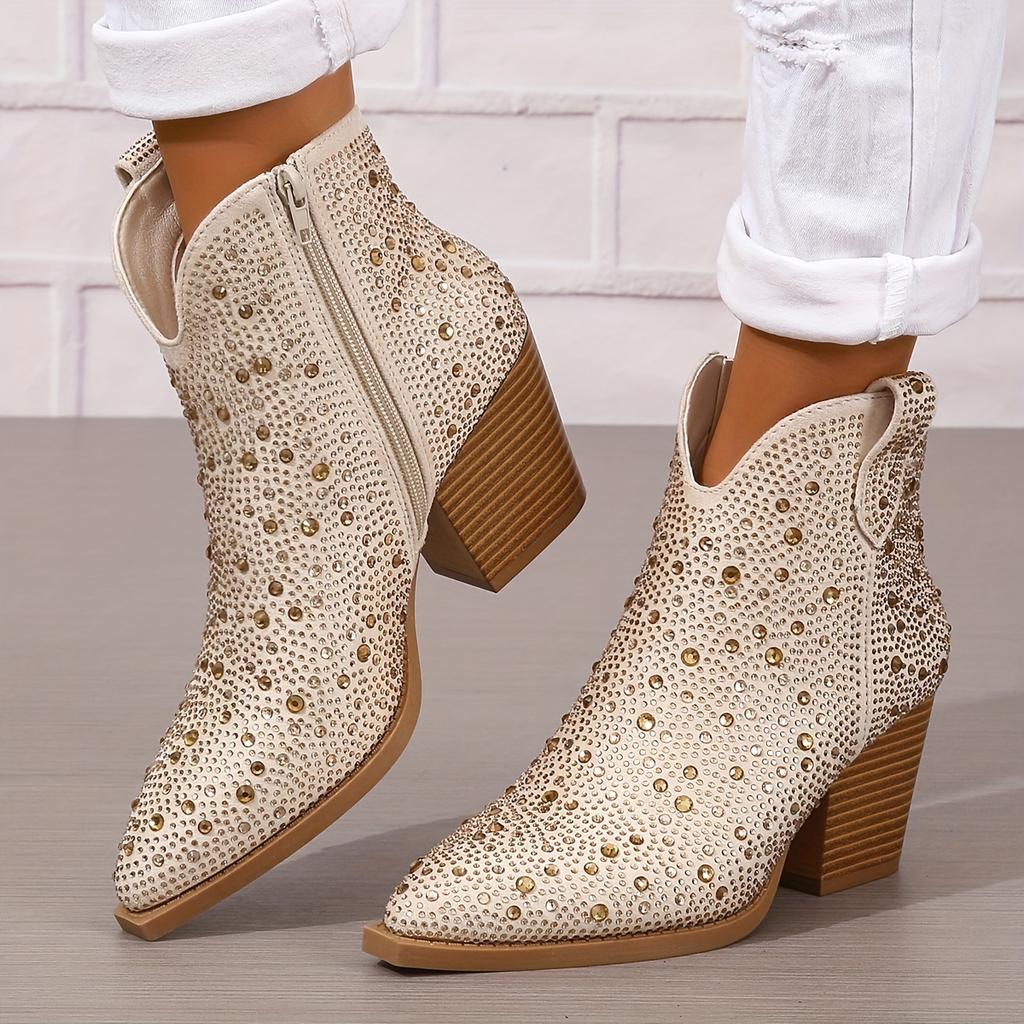 Chunky Heel Women's Ankle Boots | Pointed Toe, Faux Cover, Encrusted Side Zipper, Comfortable Block Heel & Rubber Sole (EU/US 5-11)