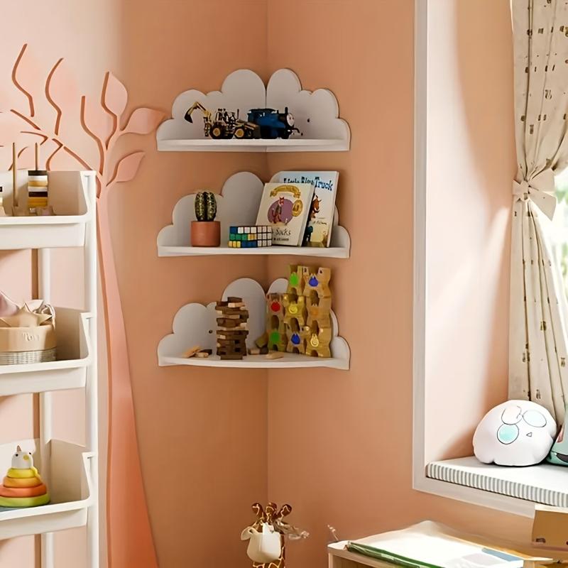 3PCS Cute Cloud Corner Wall Shelf White Floating Display Storage Rack For Kids Bedroom Decor Management Organizer