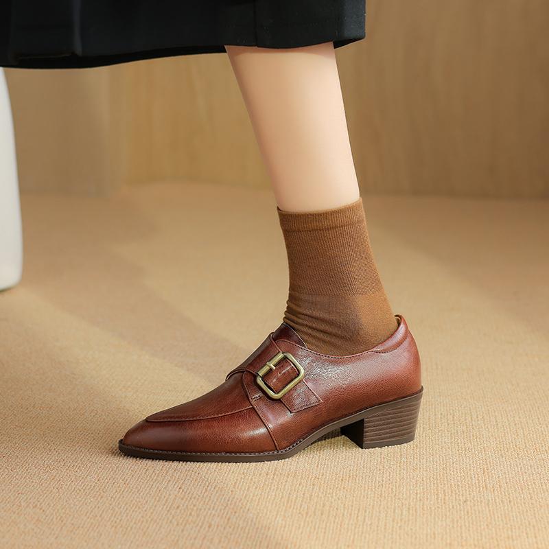 2024 New Fashion Dress Office Women Pumps Spring Summer Mature Retro Genuine Leather Fashion Pointed Toe Thick Heels Shoes Woman