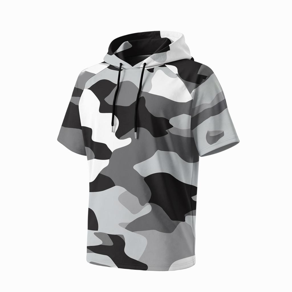 Men's Camouflage Print Raglan Sleeve Casual Sport Fishing Short Sleeve Hoodie Lightweight Breathable Outdoor Top