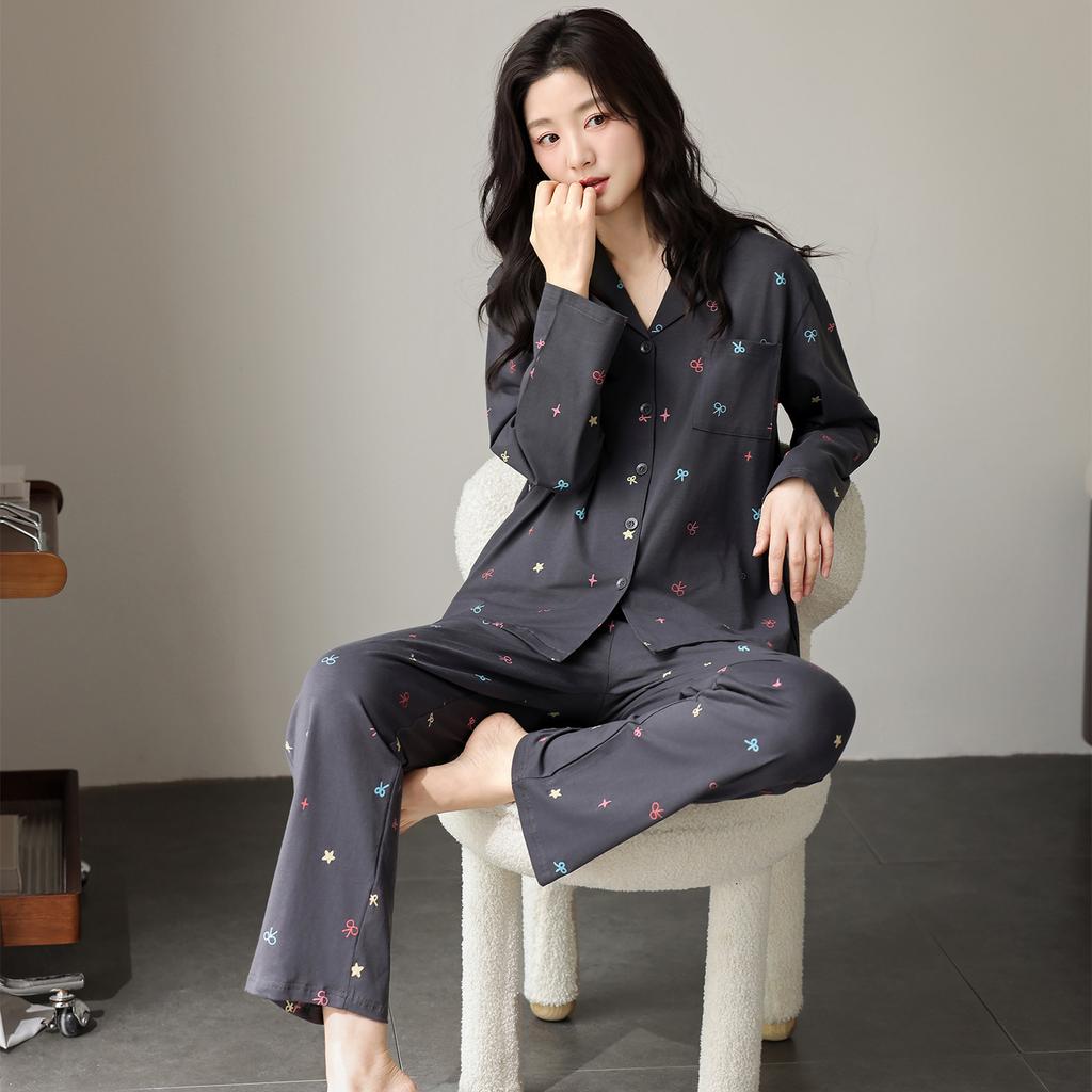 [Shopping Mall Quality] Pajamas Women's Pure Cotton Spring and Autumn Cute Black Bear Long-sleeved Trousers Loungewear Set